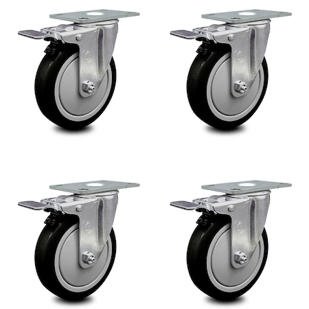 Service Caster 5 Inch Black Polyurethane Swivel Top Plate Caster Set with Total Lock Brake SCC SCC-TTL20S514-PPUB-BLK-4
